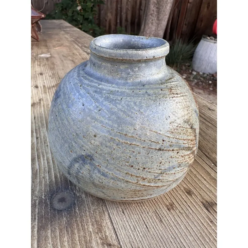 Vintage Speckle Studio Art Pottery Vase Rustic Signed Fern Agave Print